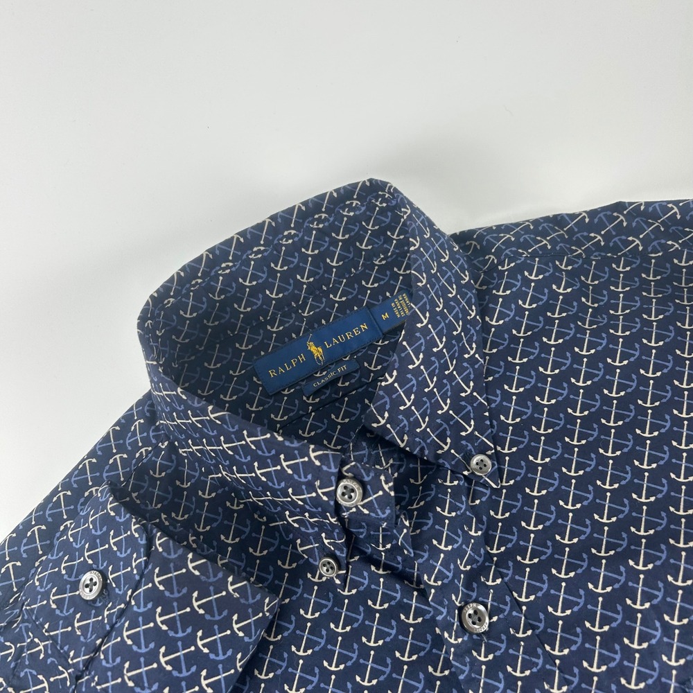 Ralph Lauren Mens M Classic Fit Anchor Print Button Down Shirt Navy Blue Preppy